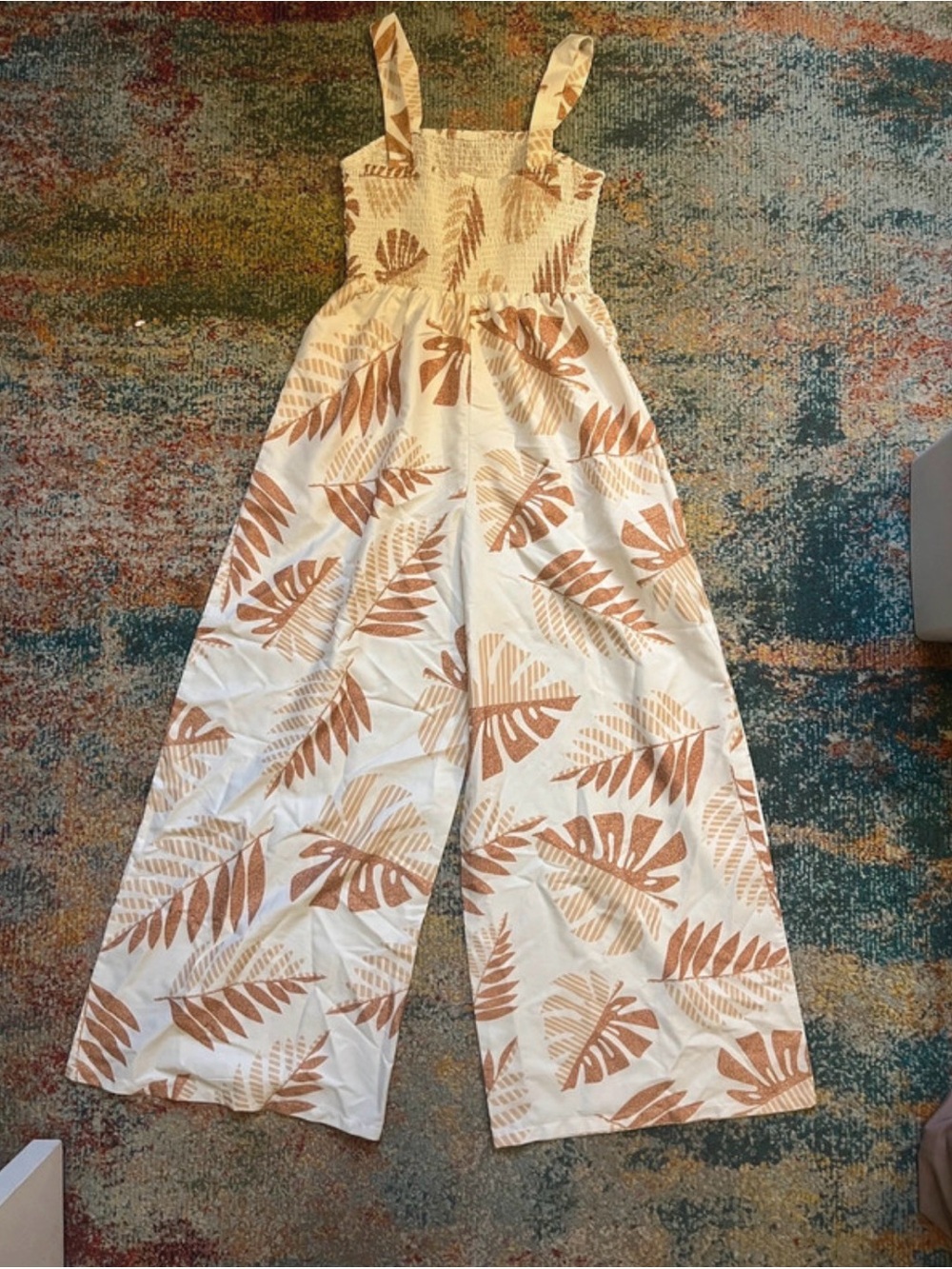 White Wide-Leg Jumpsuit with Tan Leaf Print